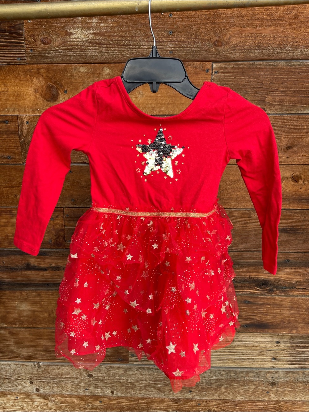 Cat & Jack Girls Red Christmas Star Tulle Dress Size XS 4/5 Sequin Holiday